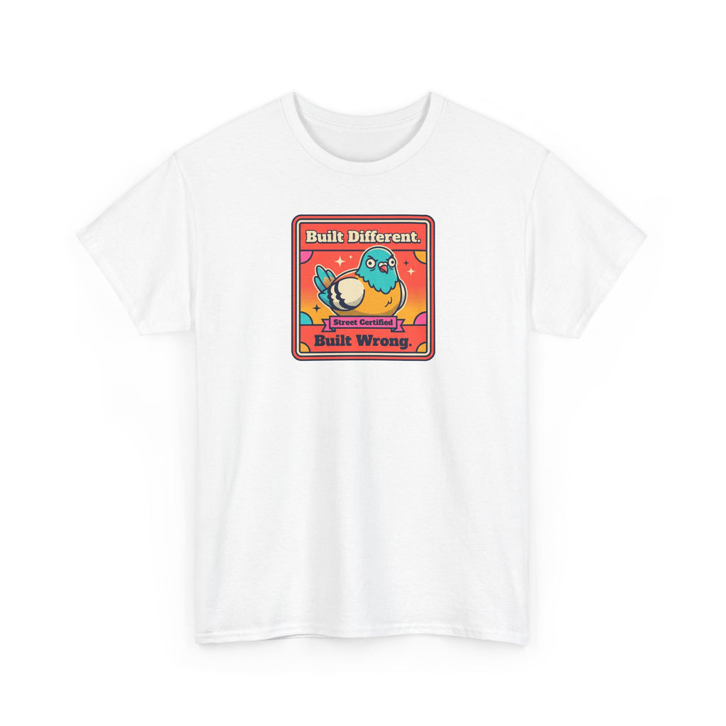 White T-shirt with framed robot graphic reading "Built Different" and "Built Wrong"