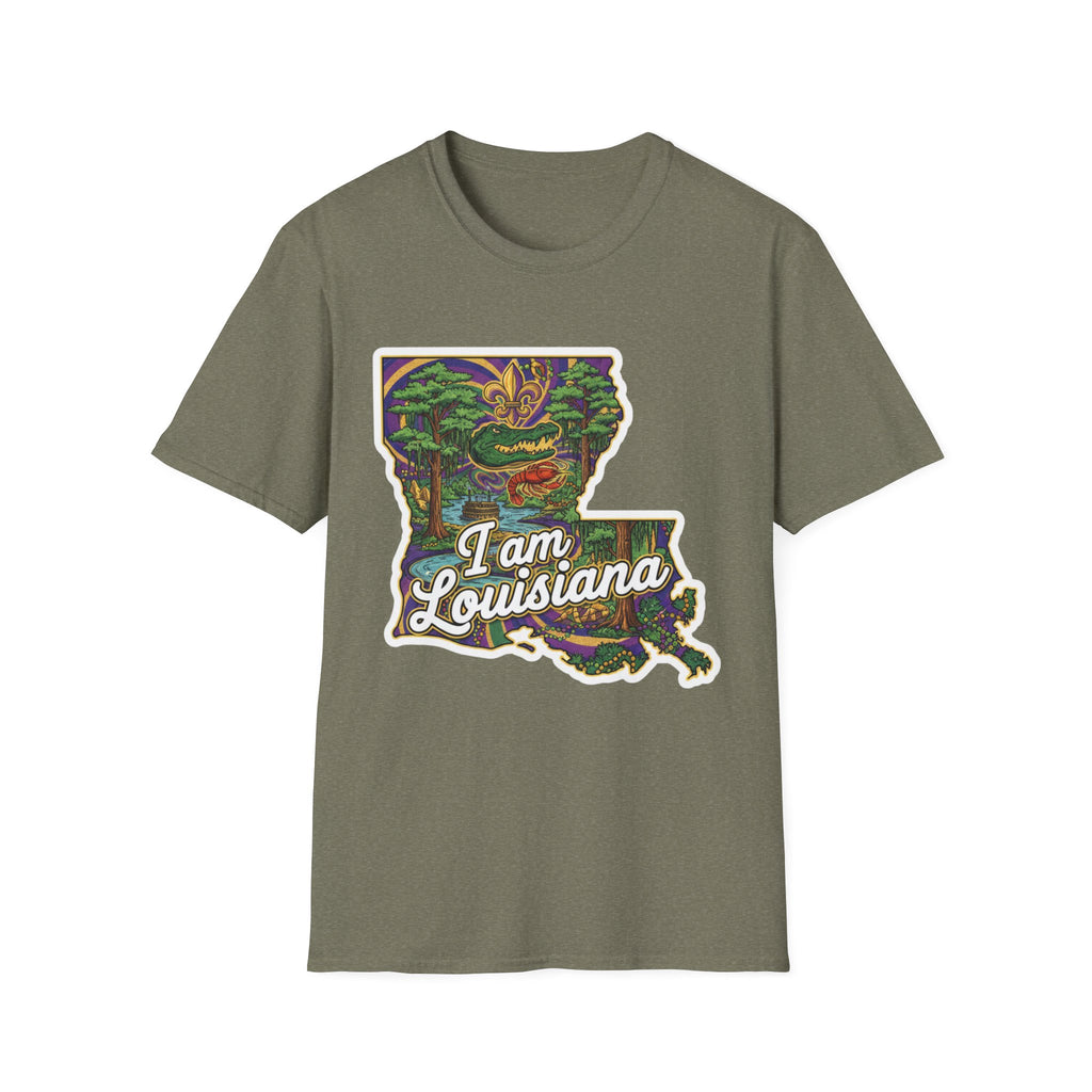Camiseta verde militar jaspeada con mapa de Luisiana multicolor y texto “I am Louisiana”