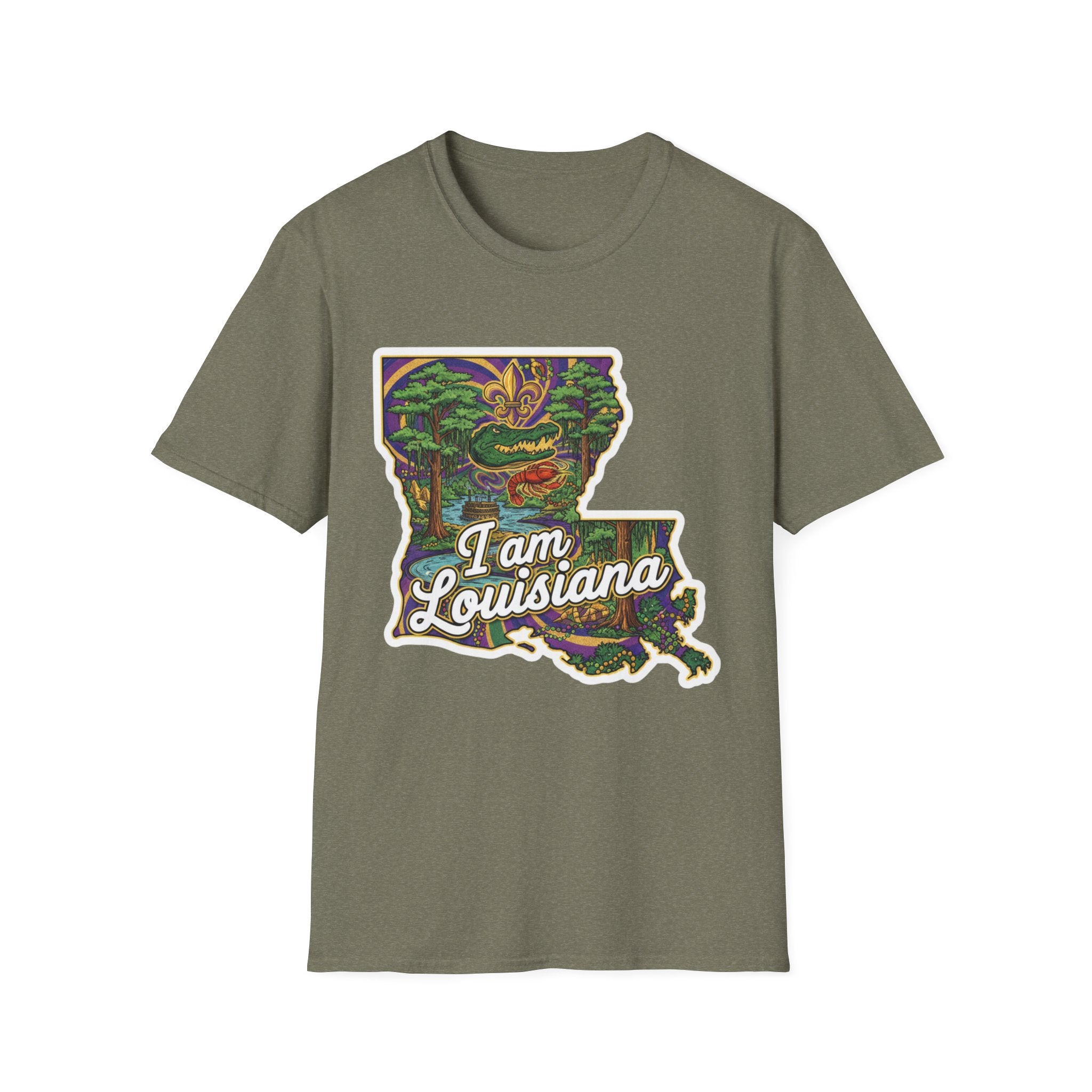 Camiseta verde militar jaspeada con mapa de Luisiana multicolor y texto “I am Louisiana”