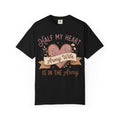 Black T-shirt with floral heart graphic and “Half My Heart” and “Army Wife” text.