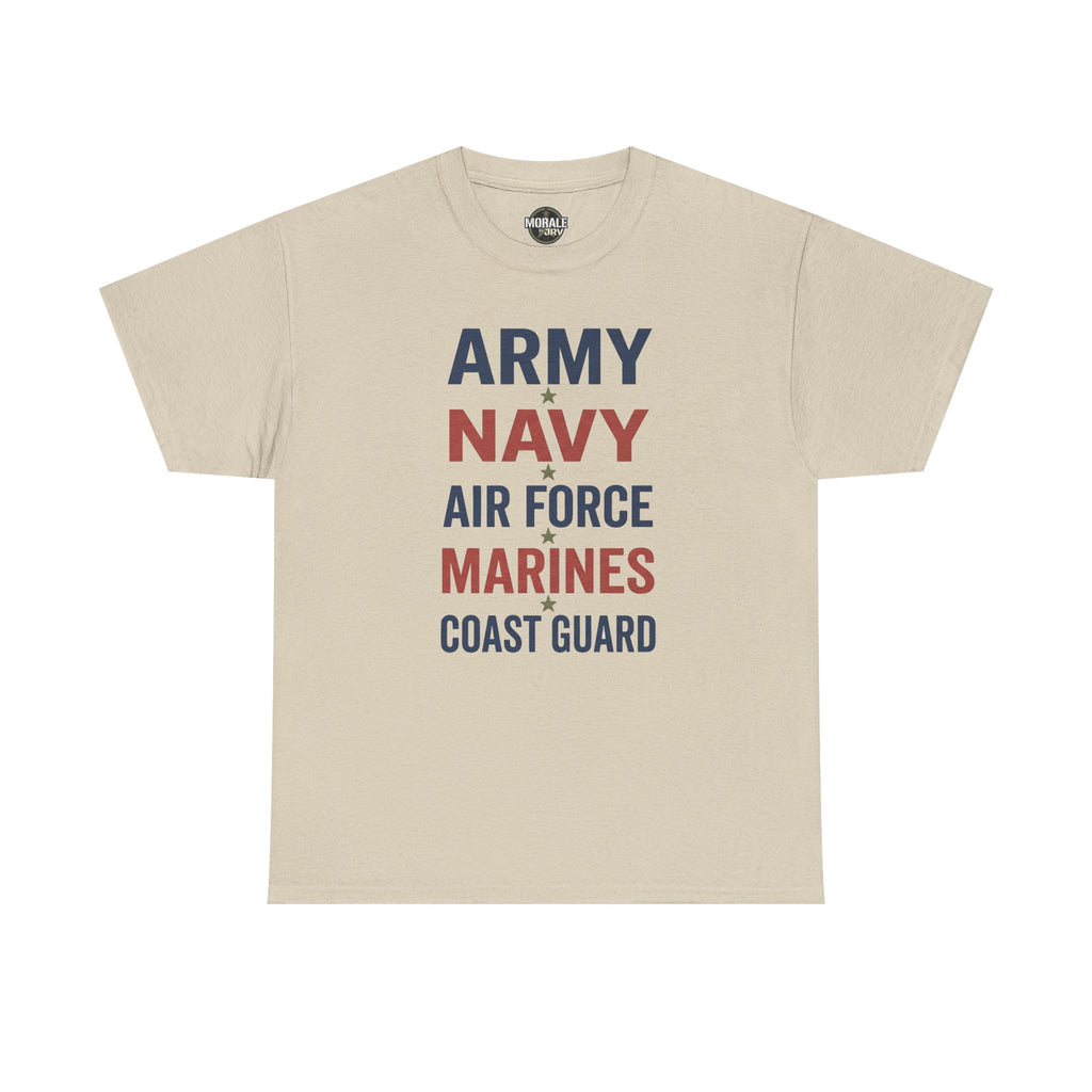 Sand T-shirt with multicolor “ARMY NAVY AIR FORCE MARINES COAST GUARD” front graphic