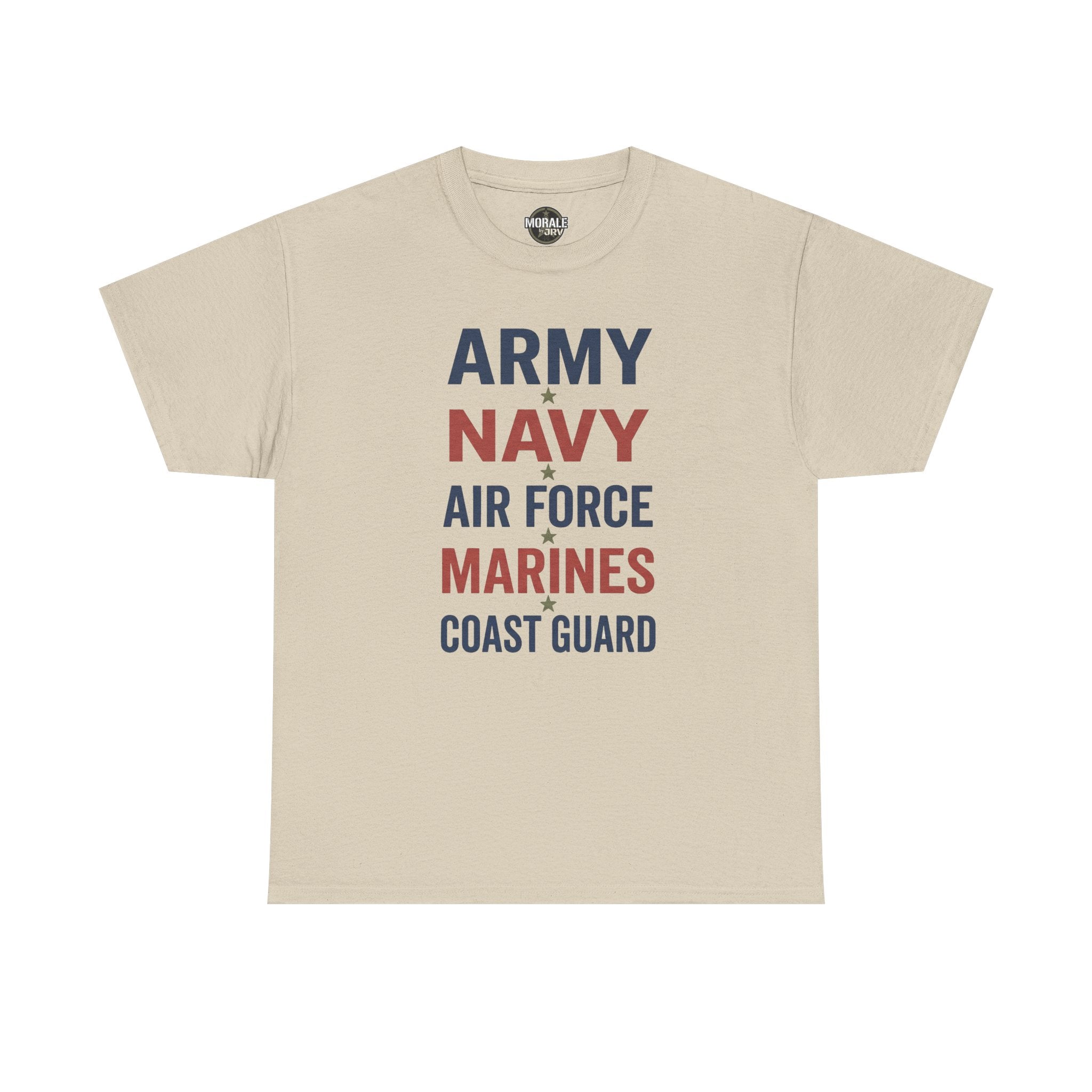 Sand T-shirt with multicolor “ARMY NAVY AIR FORCE MARINES COAST GUARD” front graphic