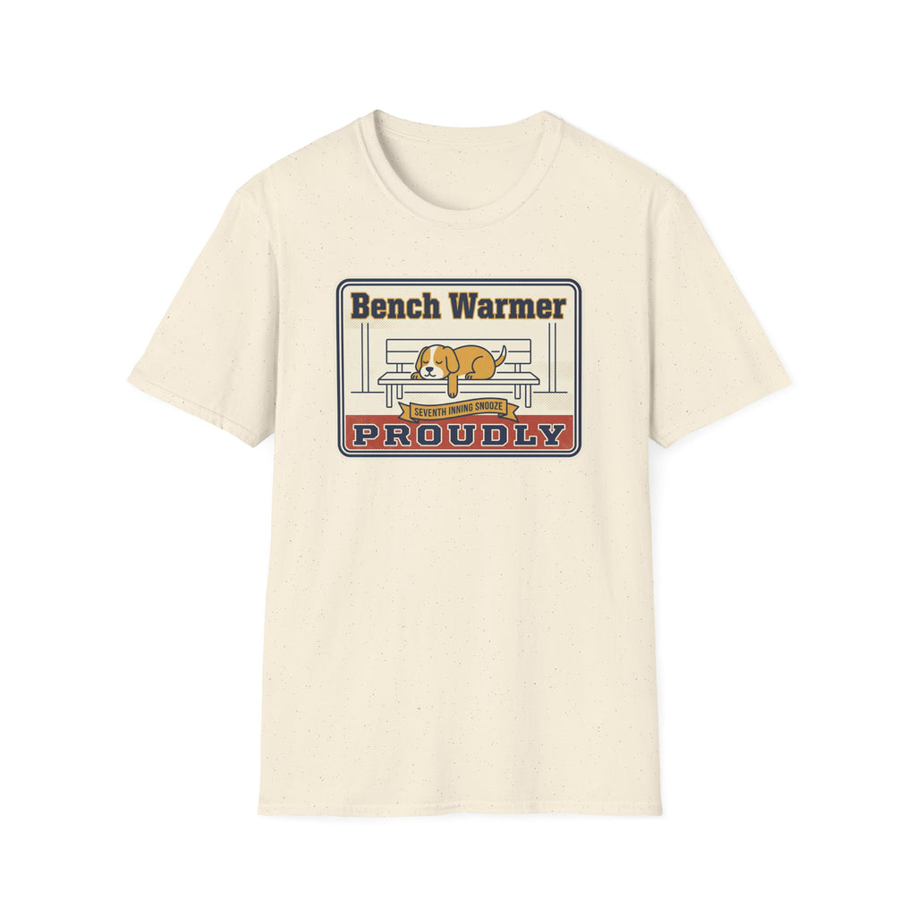 Cream unisex T-shirt with Bench Warmer Proudly dog front graphic