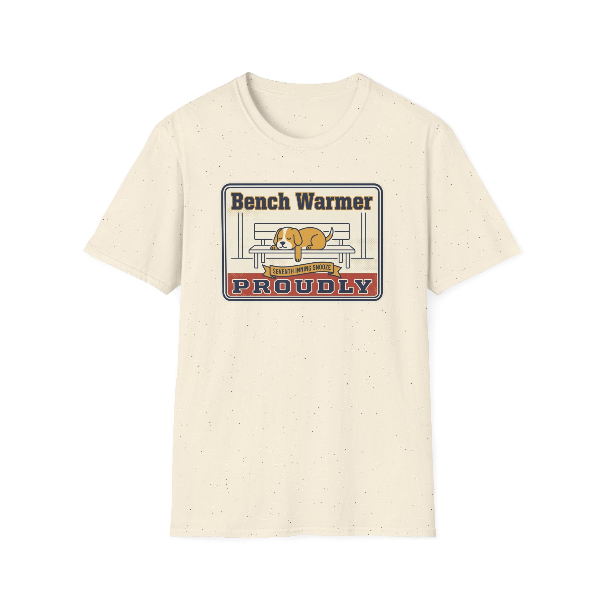 Cream unisex T-shirt with Bench Warmer Proudly dog front graphic