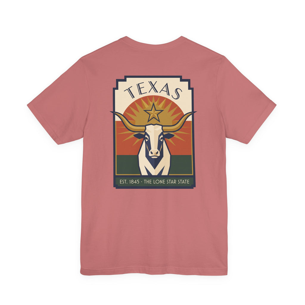 Dusty rose T-shirt with retro Texas graphic, longhorn head and star logo in square frame