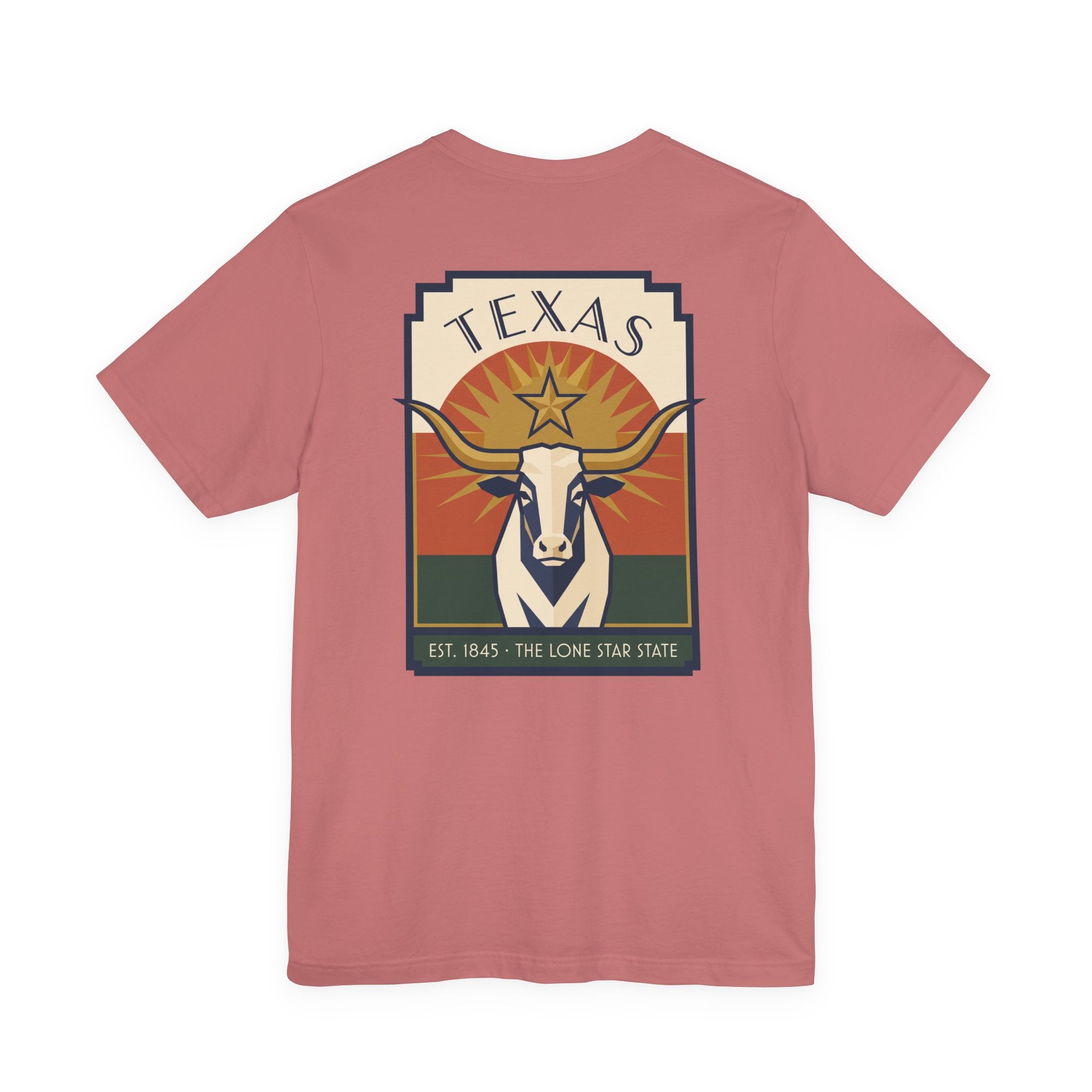 Dusty rose T-shirt with retro Texas graphic, longhorn head and star logo in square frame