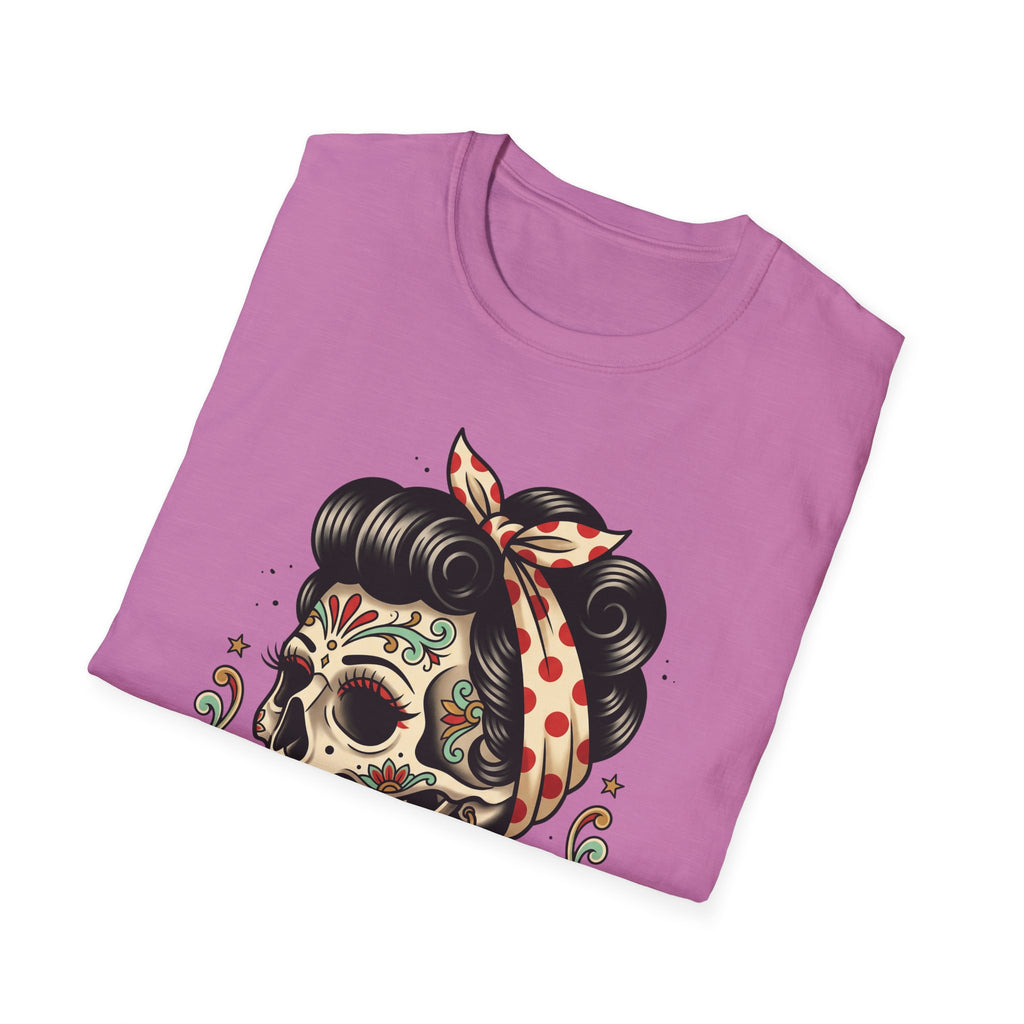 Heather pink t-shirt with colorful sugar skull pinup tattoo-style design