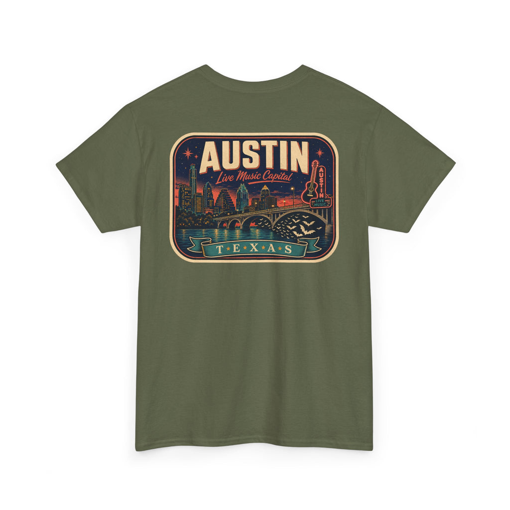Military green T-shirt with retro Austin Texas skyline badge graphic on front