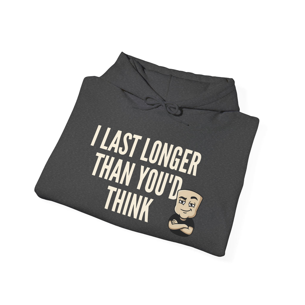 Dark gray hoodie with bold text graphic and cartoon bearded face