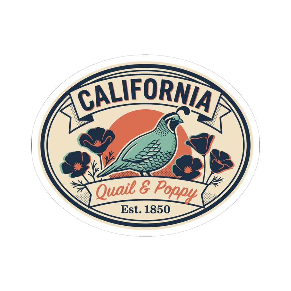 Oval California sticker with quail and poppies, “Quail & Poppy” and Est. 1850