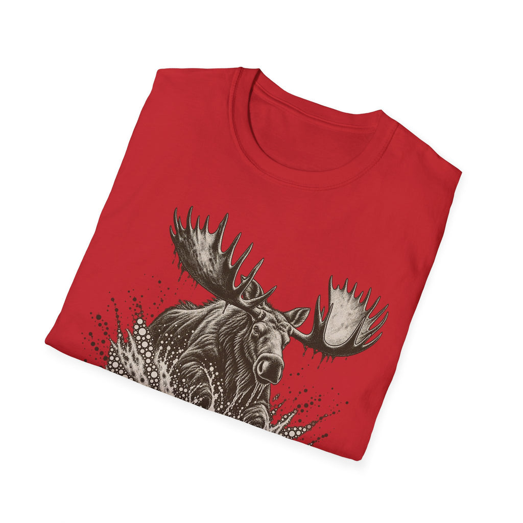 Red short-sleeve T-shirt with large moose head graphic in black and gray.
