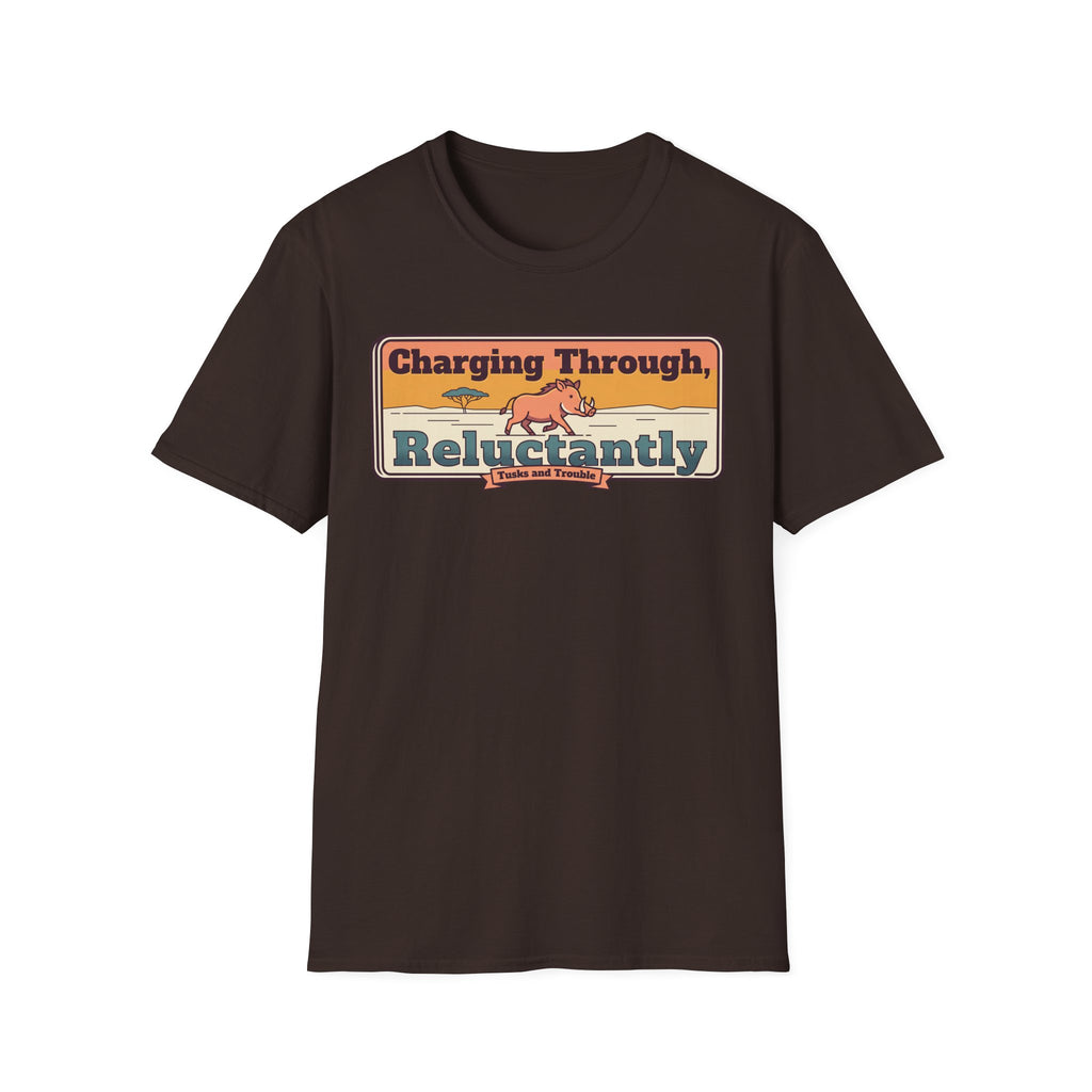 Dark chocolate T-shirt with front charging-through reluctantly graphic, short sleeves