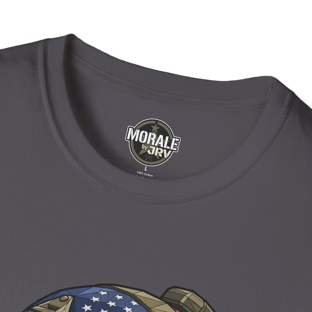 Charcoal crew neck T-shirt with “Morale by DRI” logo at collar