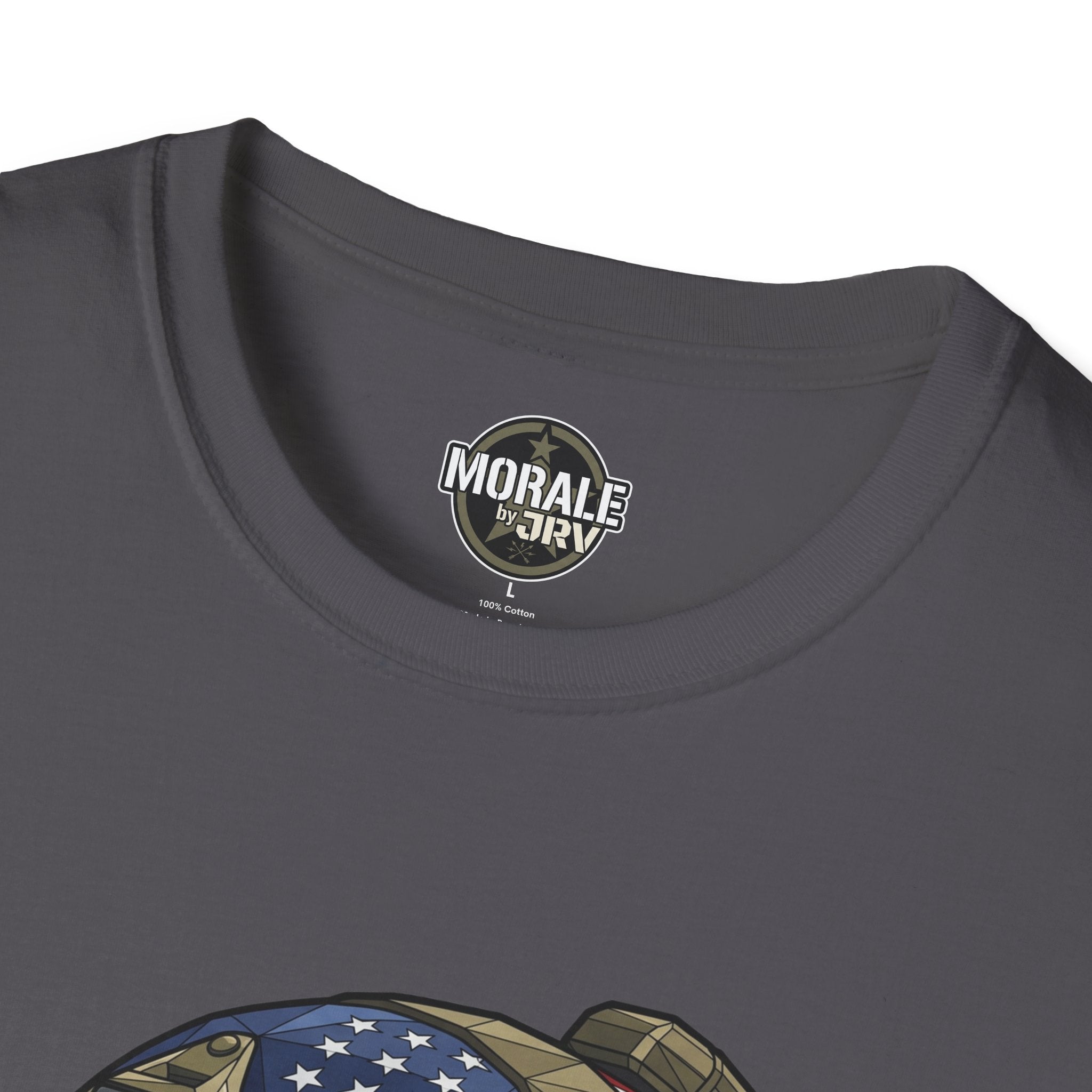 Charcoal crew neck T-shirt with “Morale by DRI” logo at collar
