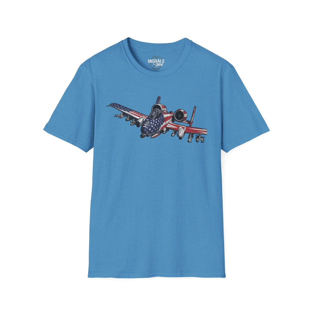 Blue A-10 Warthog T-shirt with American flag aircraft graphic
