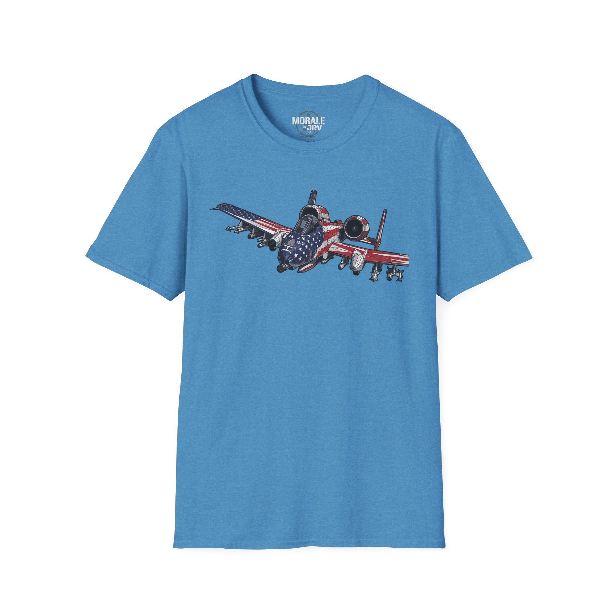Blue A-10 Warthog T-shirt with American flag aircraft graphic