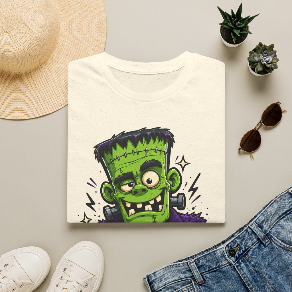White crew-neck T-shirt with green Frankenstein-style monster graphic and star accents