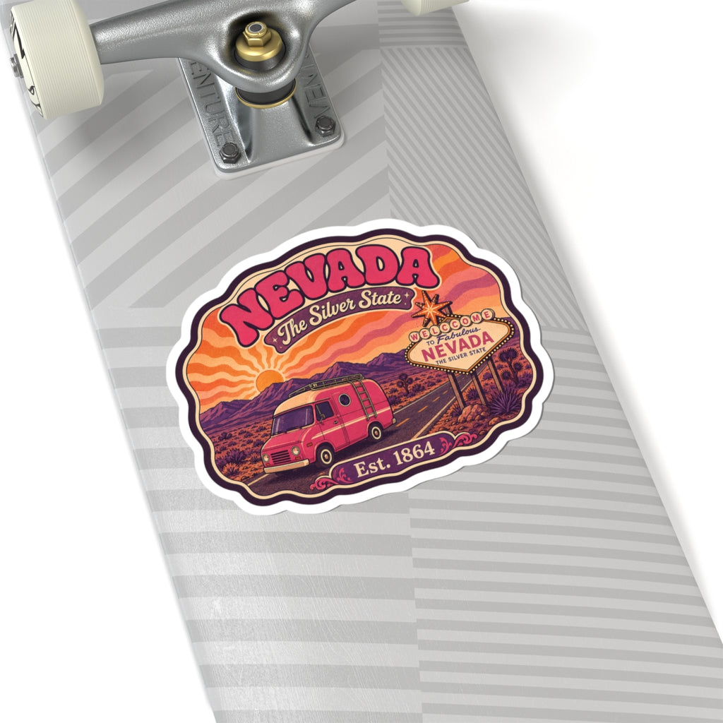 Nevada travel luggage sticker with red van and “The Silver State” on striped background.