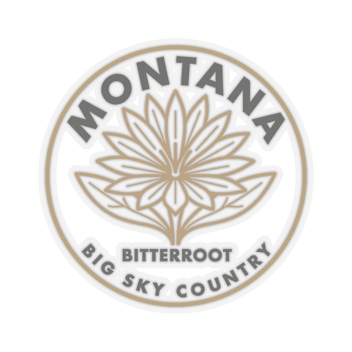 Circular Montana bitterroot state flower decal with tan line-art flower in center