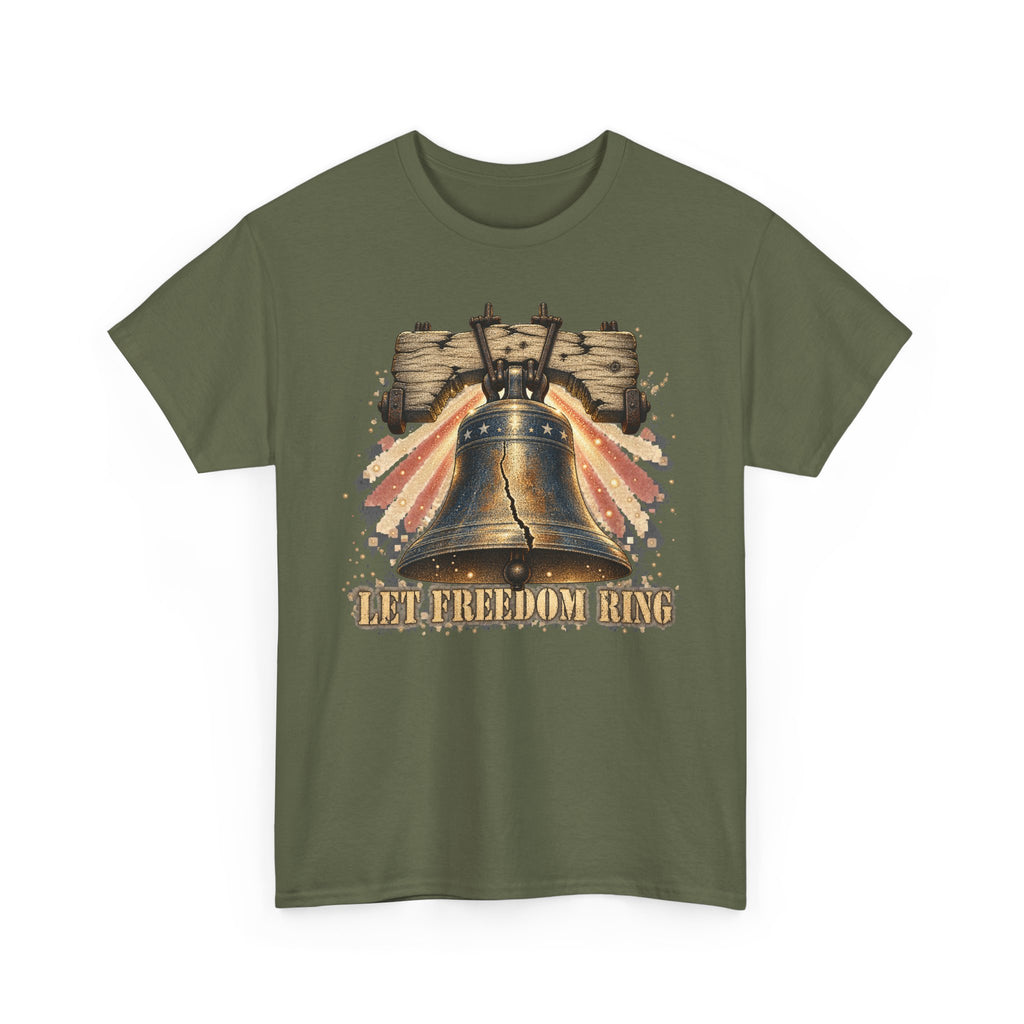 Military green liberty bell graphic T-shirt with vintage "LET FREEDOM RING" print