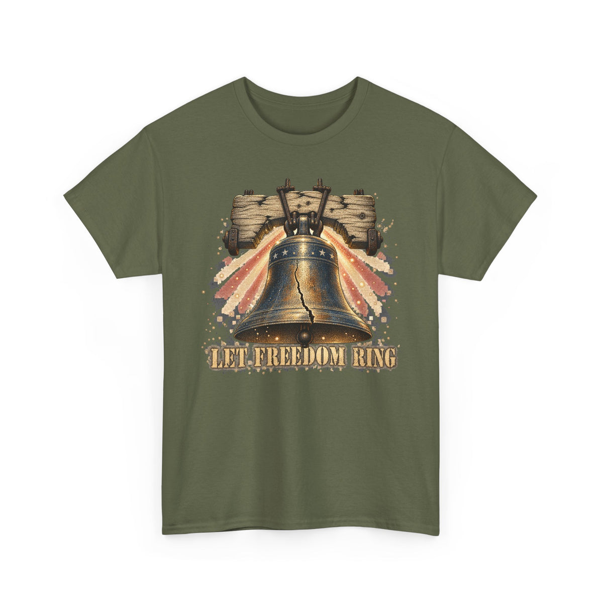 Military green liberty bell graphic T-shirt with vintage "LET FREEDOM RING" print