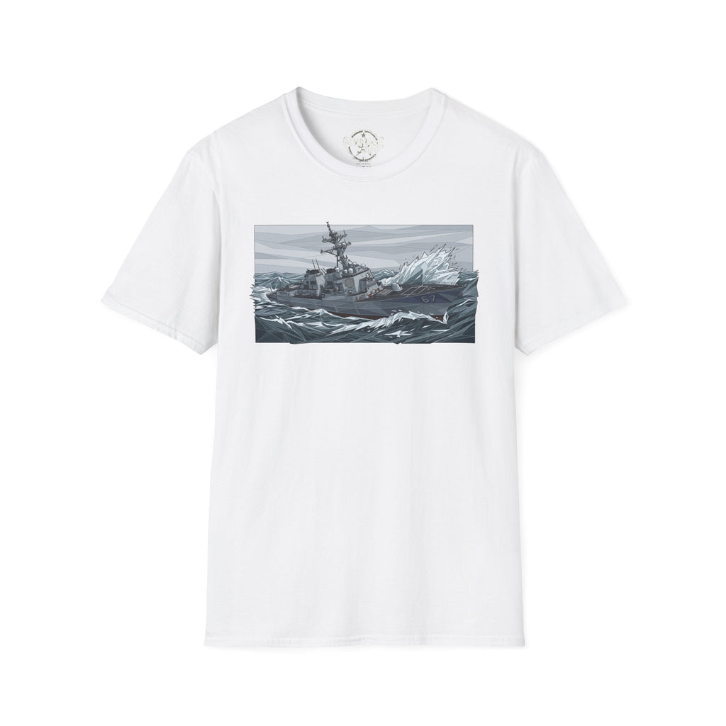 White T-shirt with battleship stormy sea rectangle print on the front
