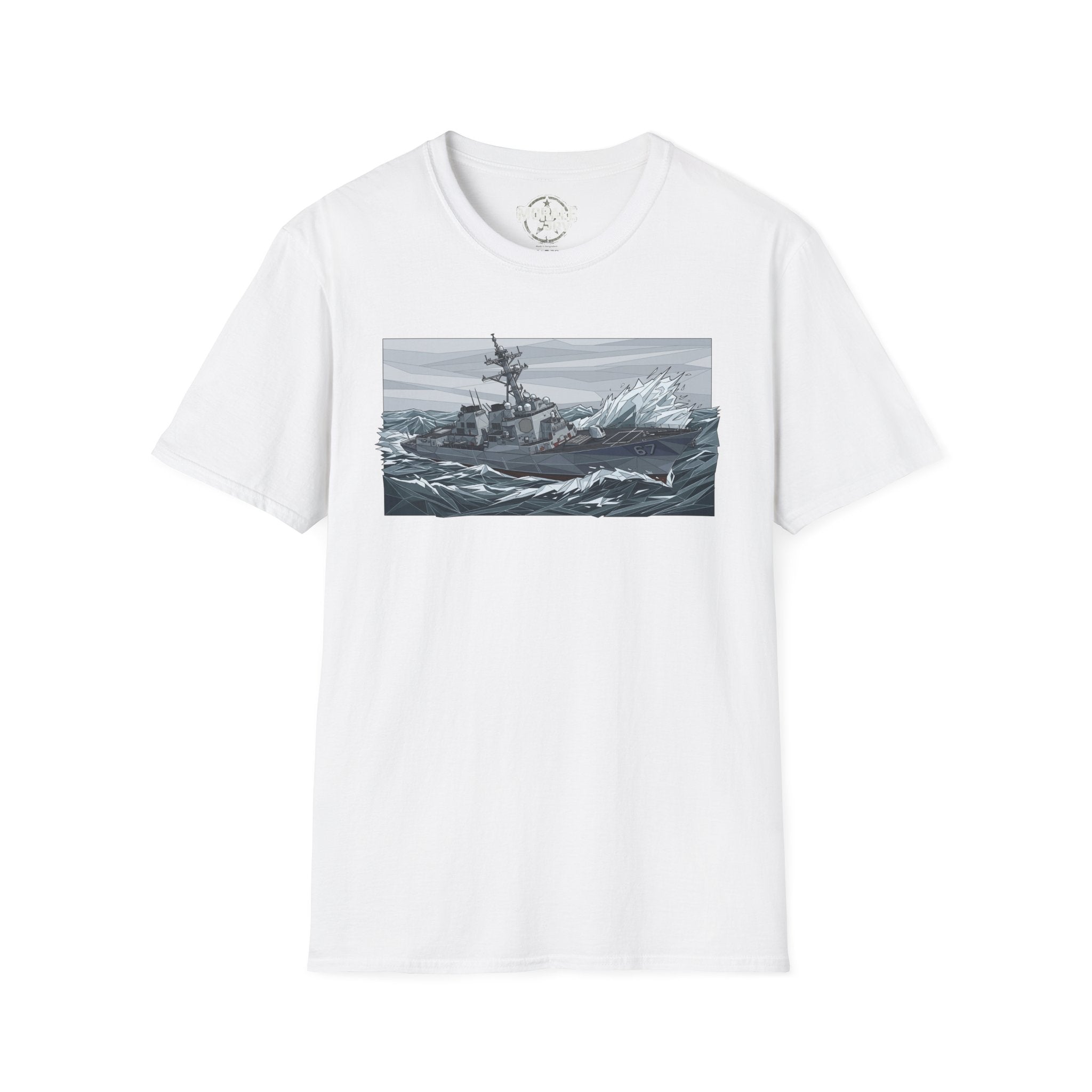 White T-shirt with battleship stormy sea rectangle print on the front