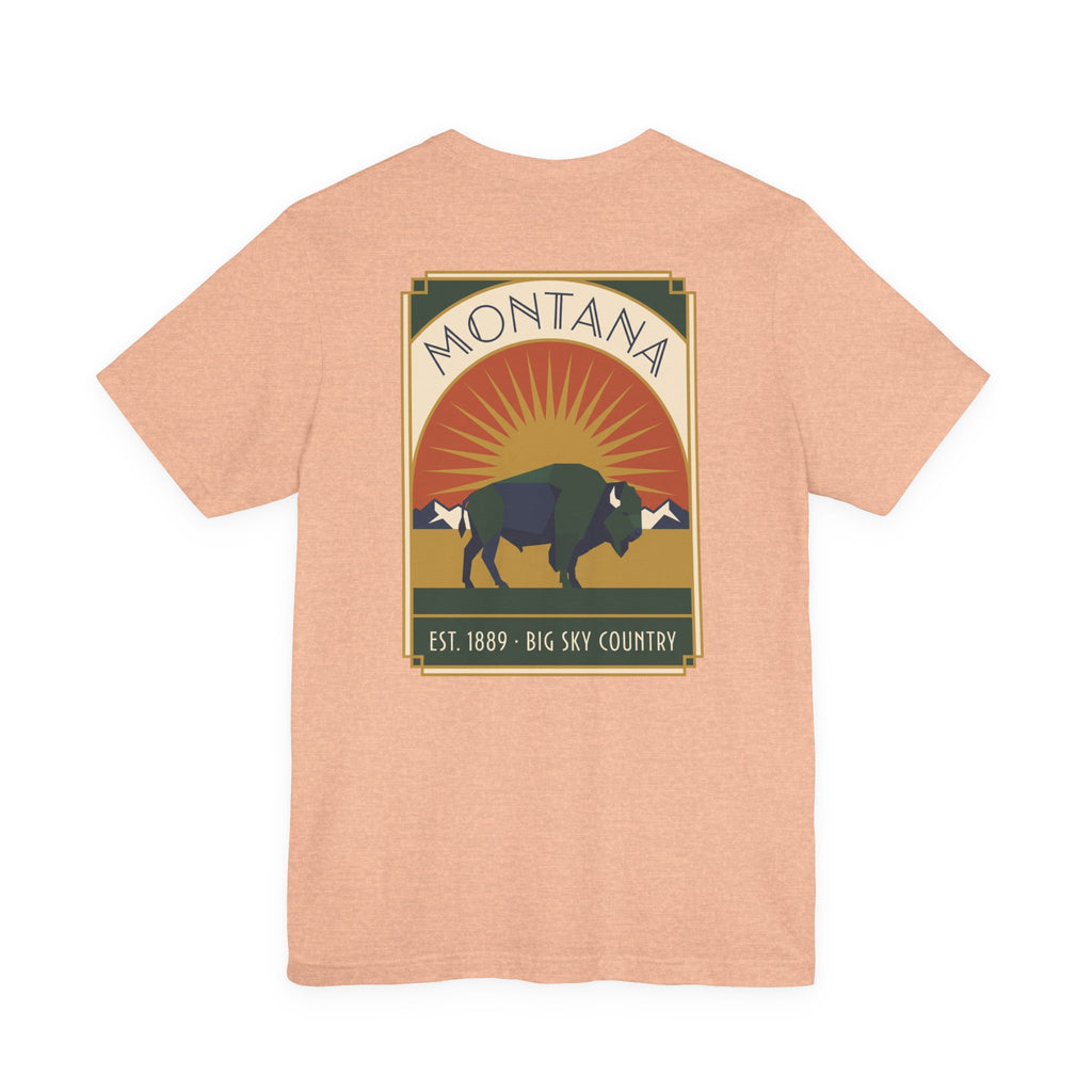 Light pink T-shirt with Montana square logo, bison and sunrise graphic