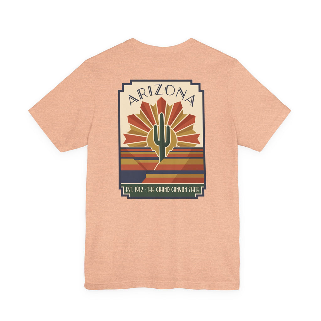 Peach t-shirt with Arizona cactus art graphic and retro striped sunset rays