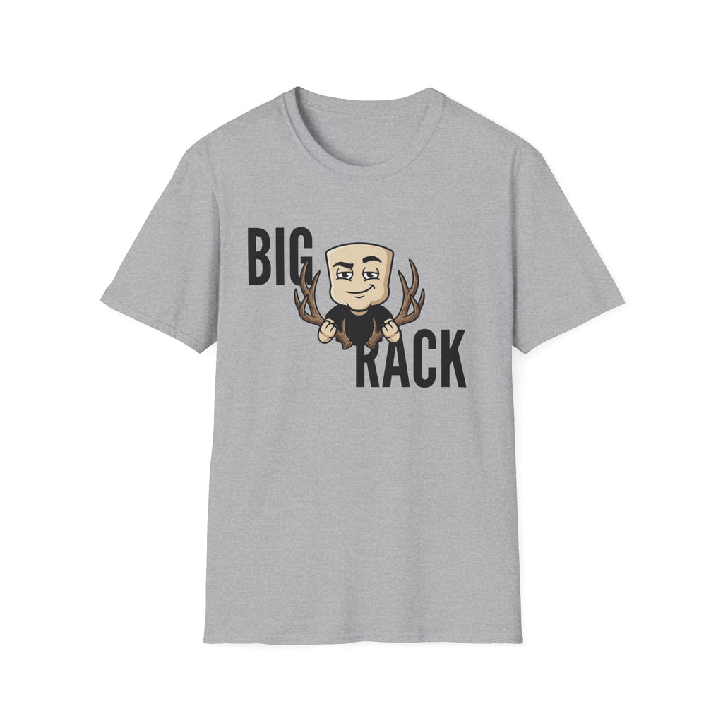 Light gray T-shirt with "BIG" "KACK" cartoon hunter and antler graphic