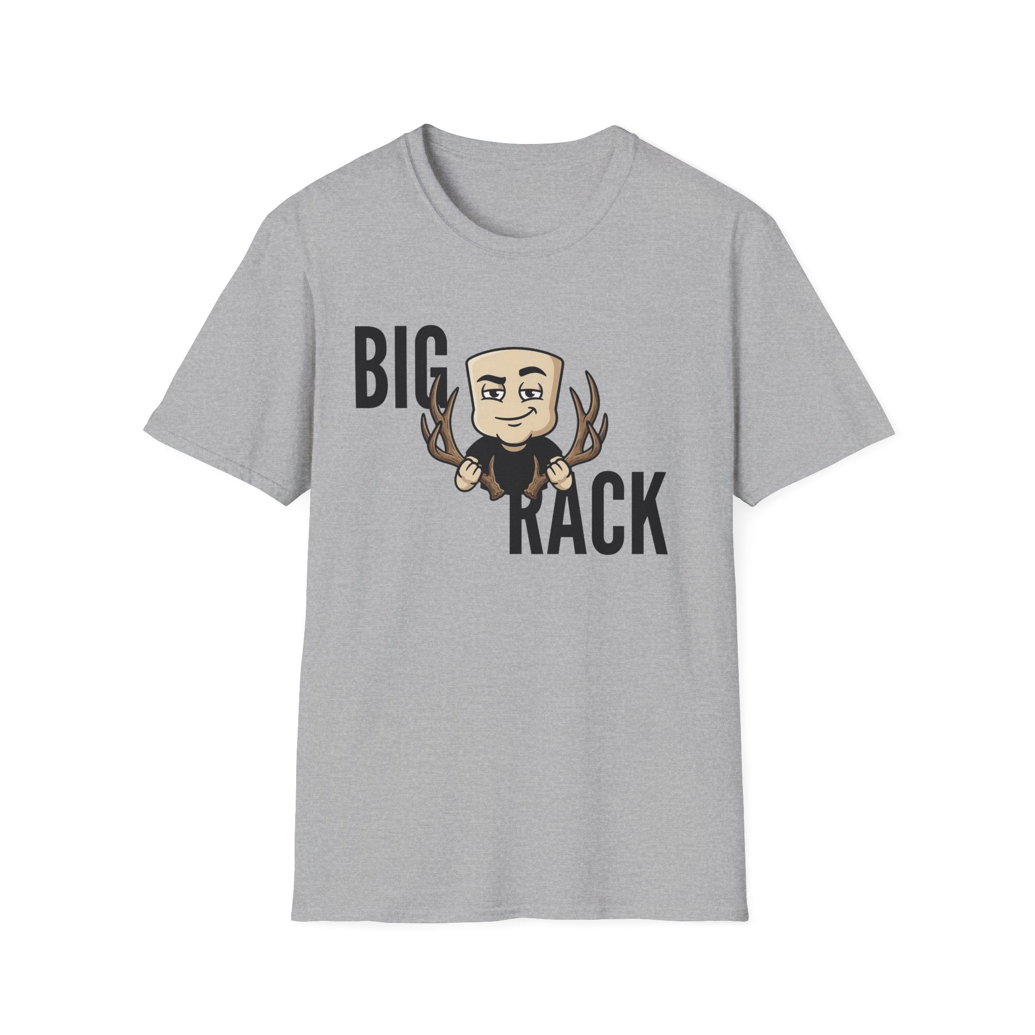 Light gray T-shirt with "BIG" "KACK" cartoon hunter and antler graphic