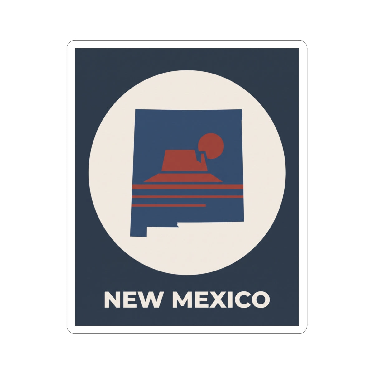 New Mexico sunset kiss-cut sticker, dark blue square with white circle and “NEW MEXICO” lettering.