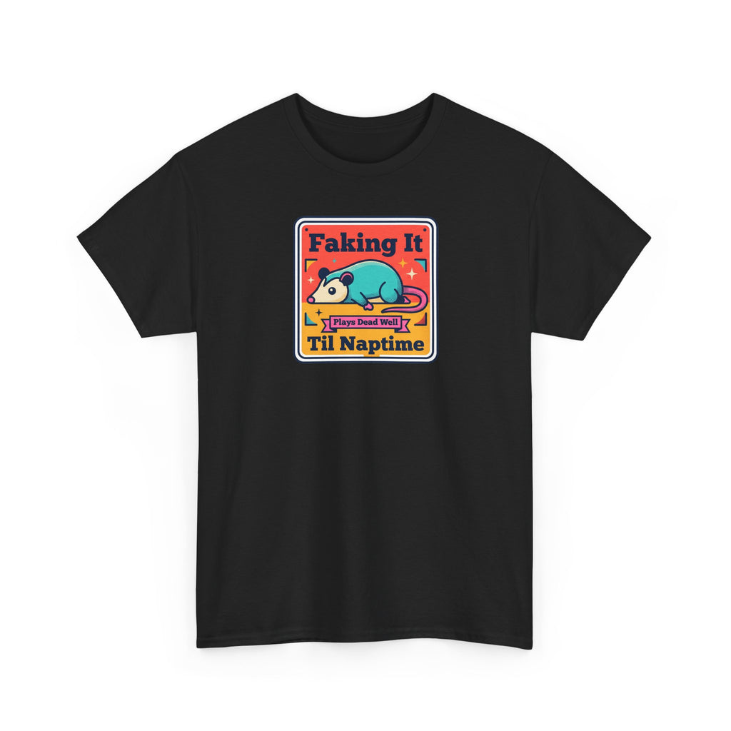Black T-shirt with sleeping panda graphic and “Faking It ’Til Naptime” text on front