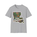 Camiseta gris jaspeada con mapa de Luisiana multicolor y texto “I am Louisiana”