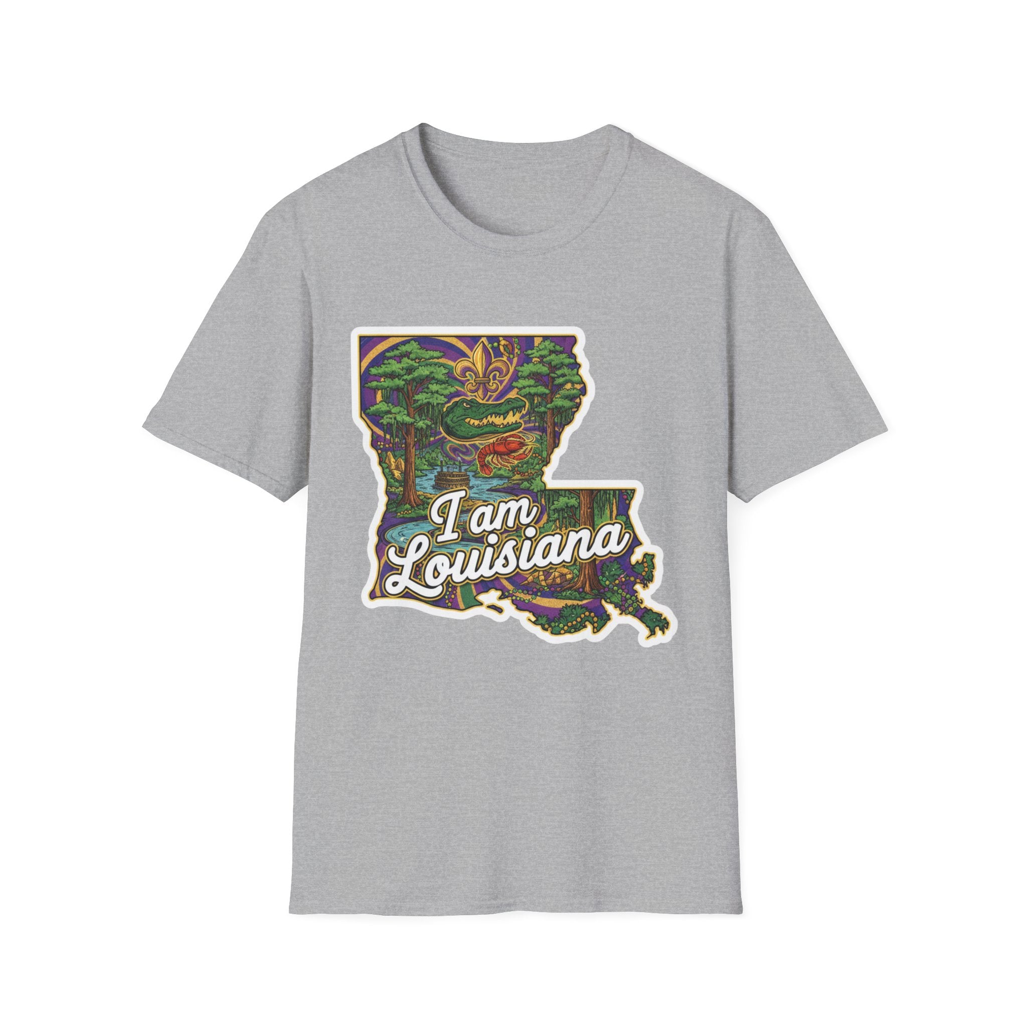 Camiseta gris jaspeada con mapa de Luisiana multicolor y texto “I am Louisiana”