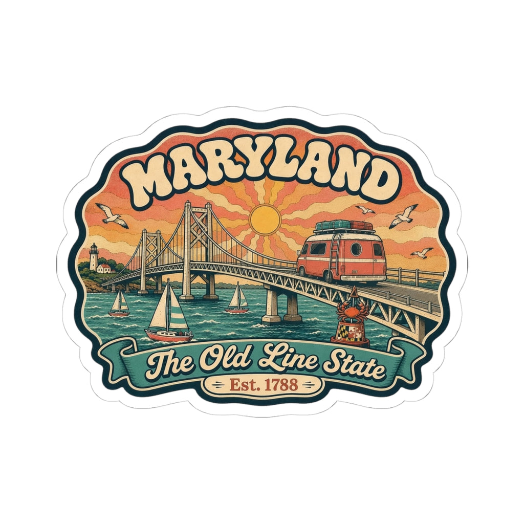 Maryland kiss-cut sticker showing Bay Bridge, sailboats, vintage red train, and Old Line State