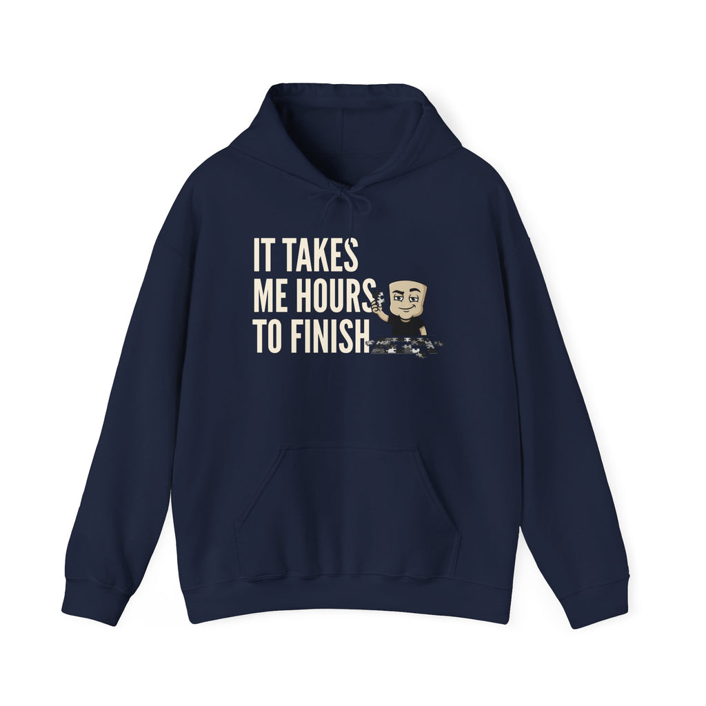 Navy hoodie with “IT TAKES ME HOURS TO FINISH” chess graphic
