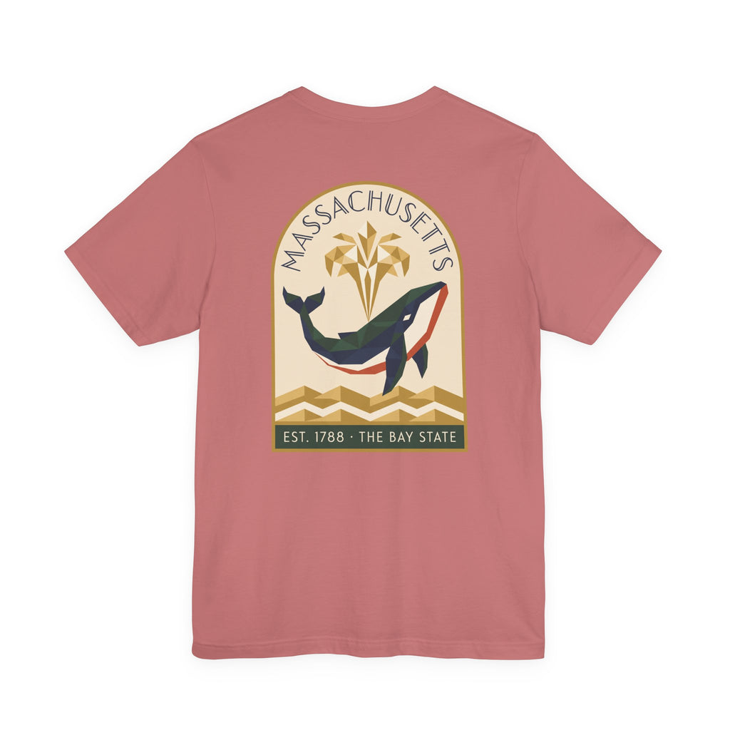 Rose T-shirt with whale and Massachusetts emblem graphic