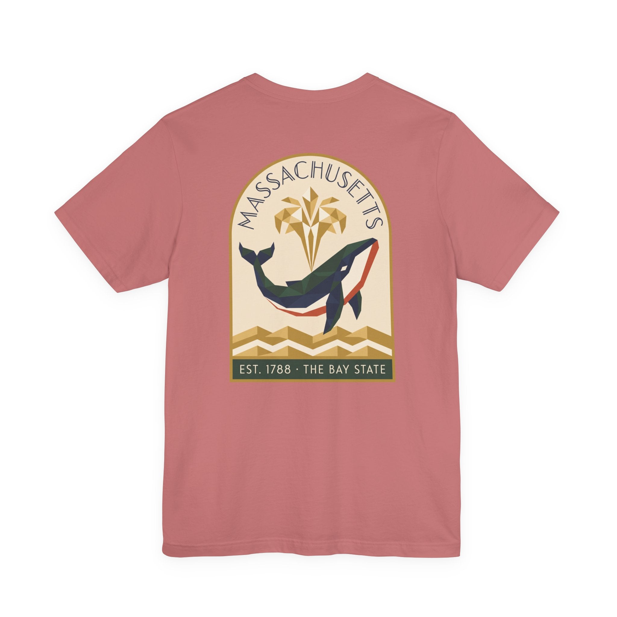Rose T-shirt with whale and Massachusetts emblem graphic