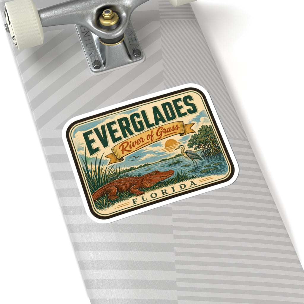 Everglades River of Grass Florida travel sticker on a gray luggage tag background.