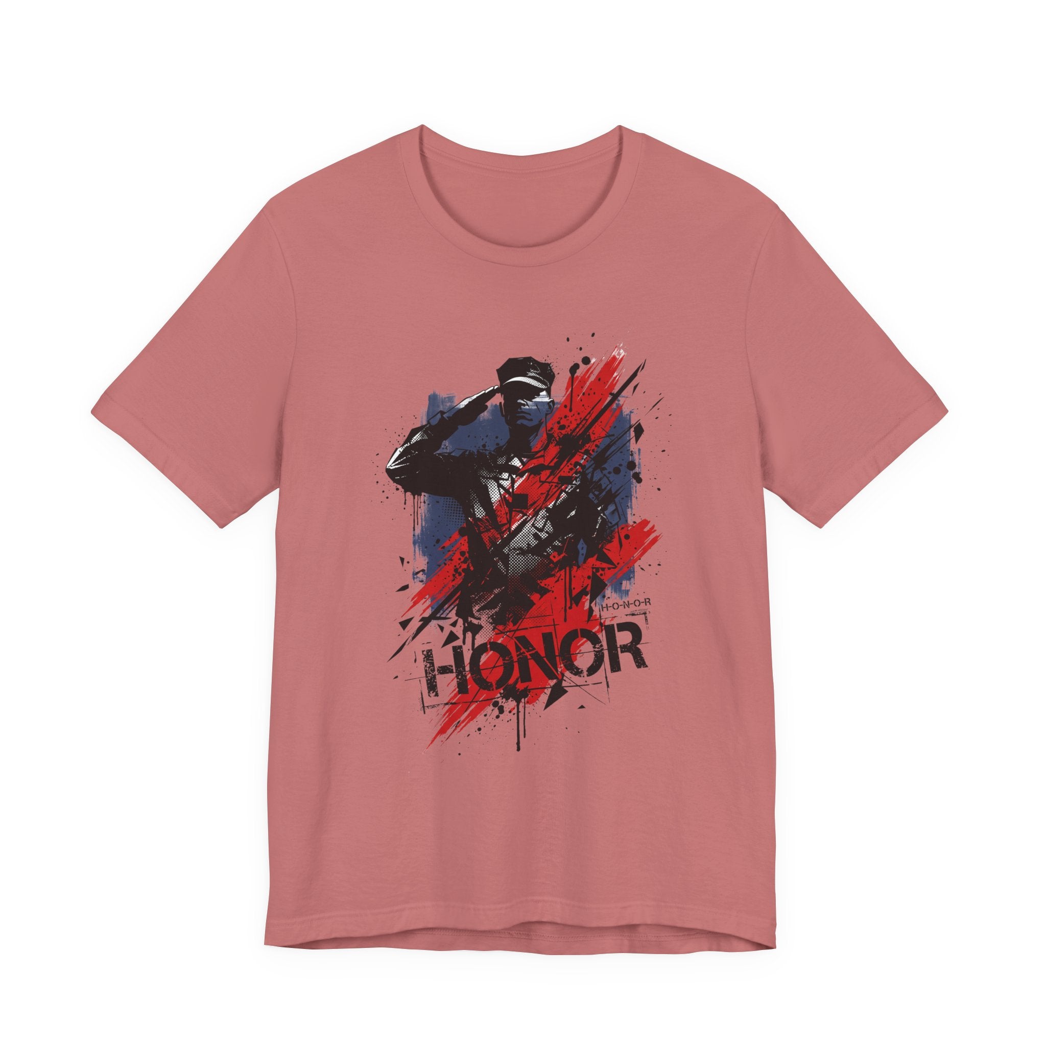 Dusty pink t-shirt with 'HONOR' soldier graphic in red, white, and blue