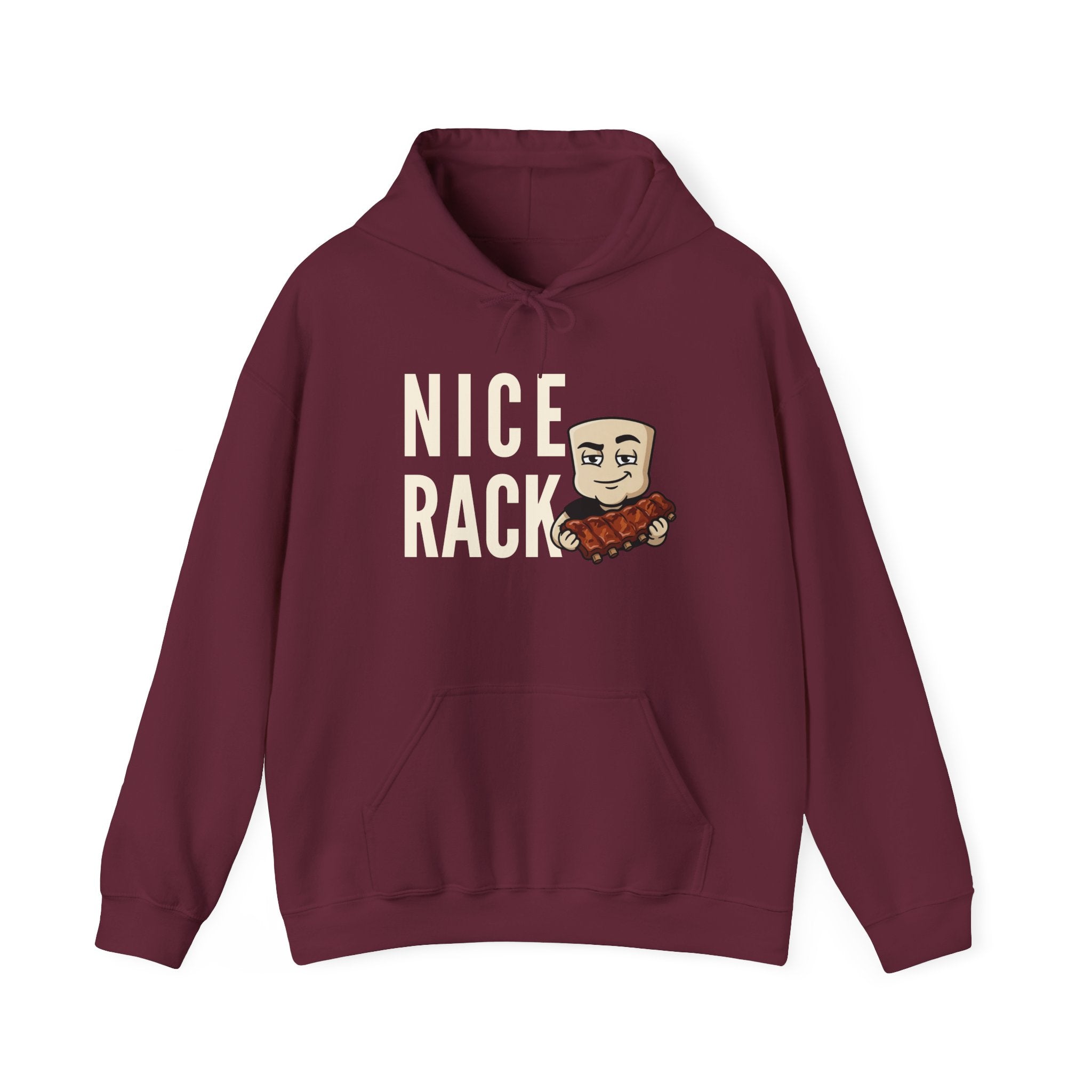 Maroon hoodie with kangaroo pocket, drawstring hood, and bold rib graphic on chest.