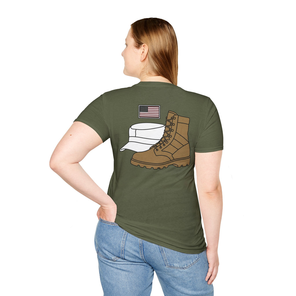 Olive green T-shirt with boot and U.S. flag graphic on the back.