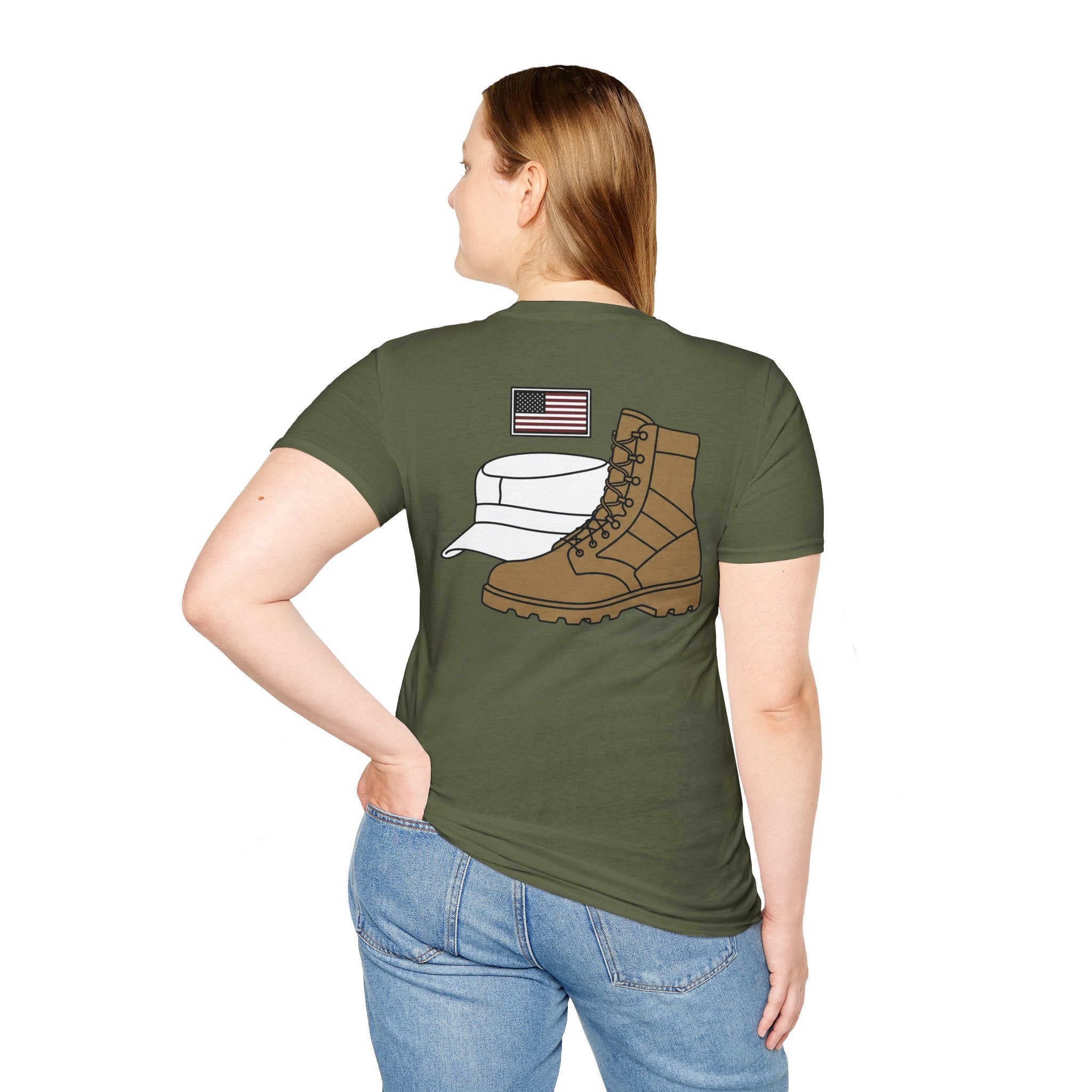 Olive green T-shirt with boot and U.S. flag graphic on the back.