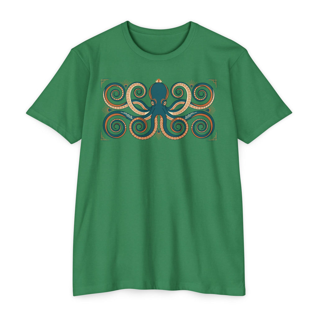 Octopus graphic T-shirt, green, front view with teal octopus swirl artwork
