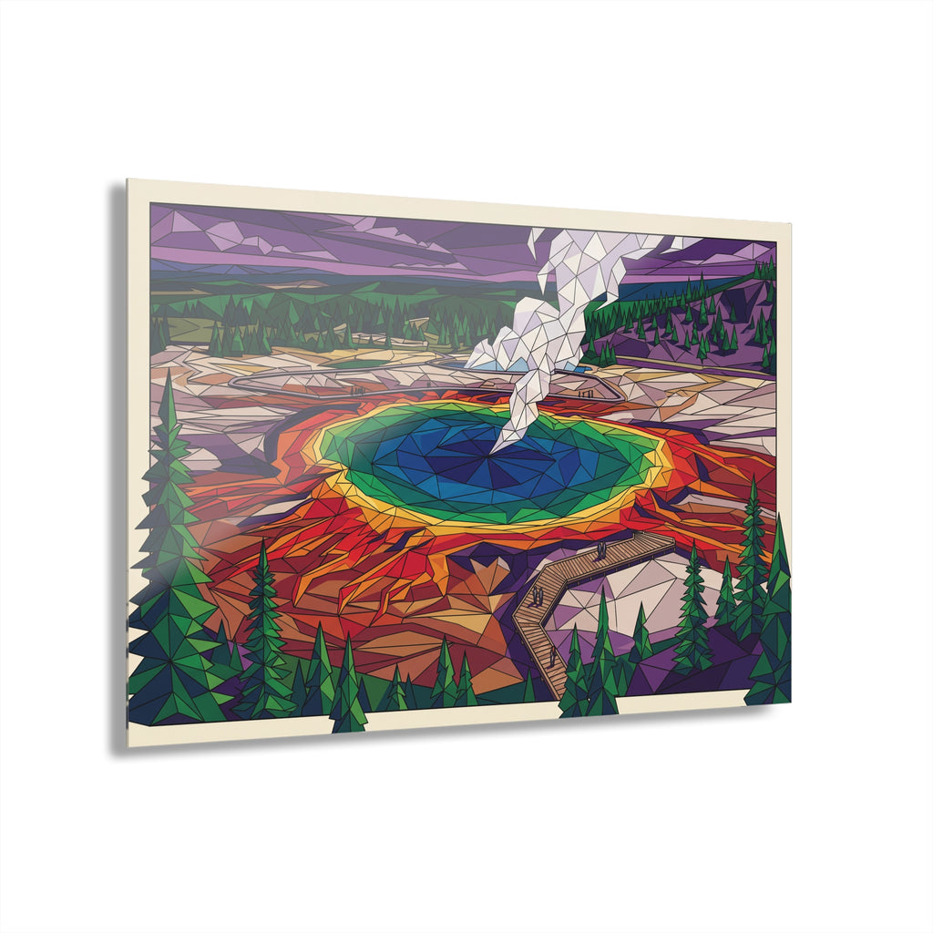 Framed geometric abstract landscape acrylic print with rainbow hot spring and pine trees