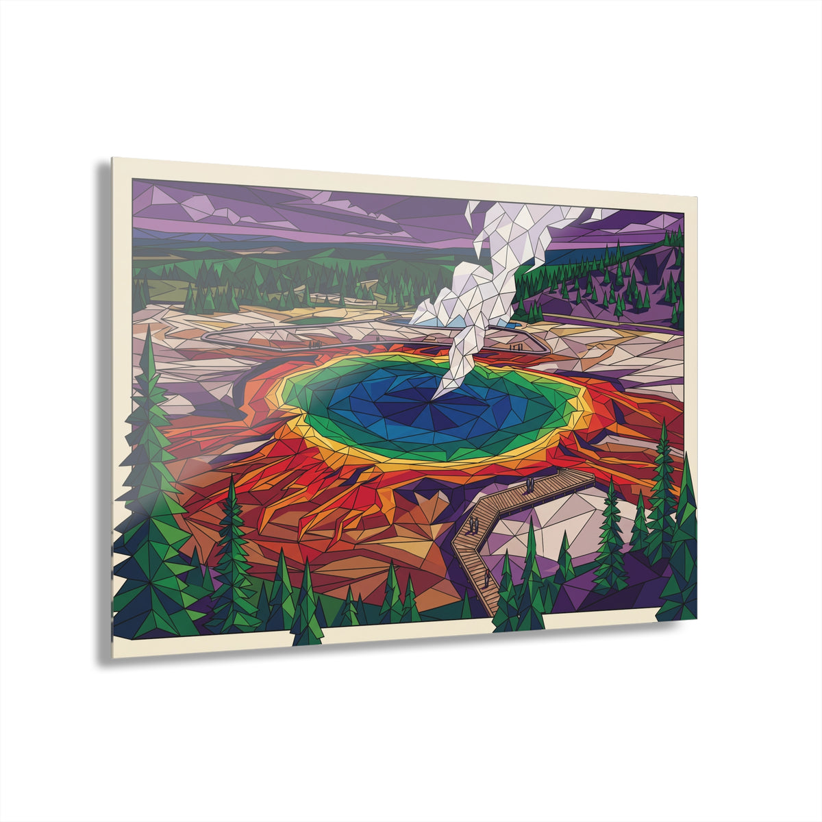 Framed geometric abstract landscape acrylic print with rainbow hot spring and pine trees