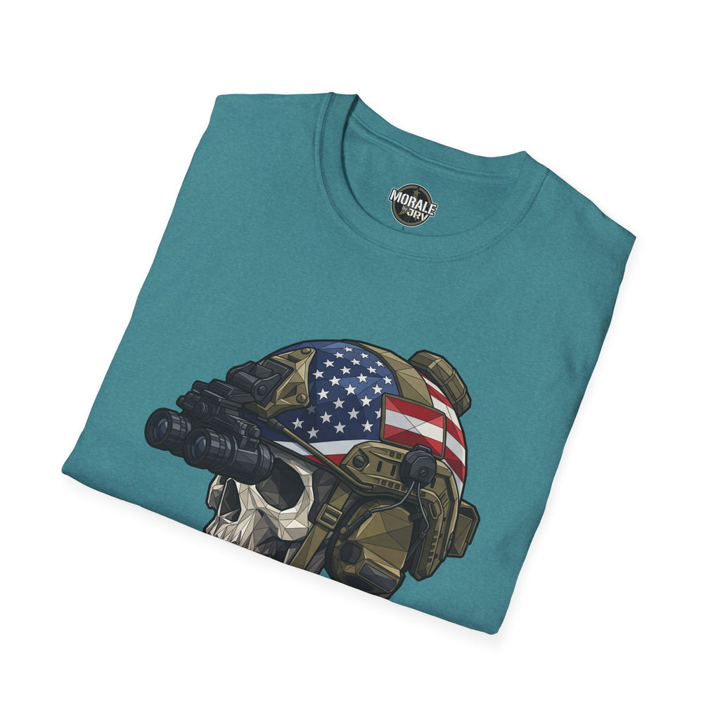 Teal T-shirt with skull helmet and American flag graphic