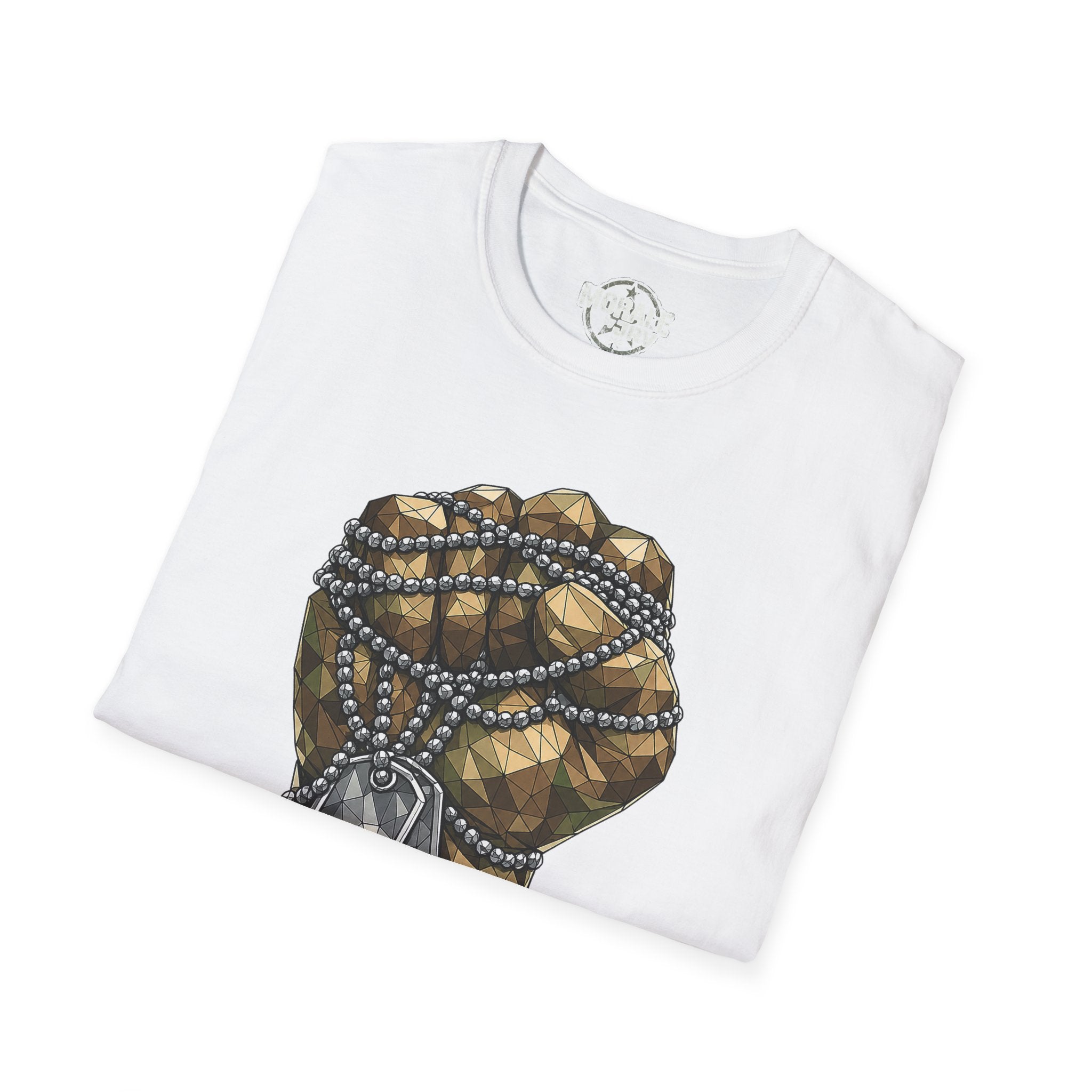 White T-shirt close-up of polygon fist graphic and dog-tag necklace details.
