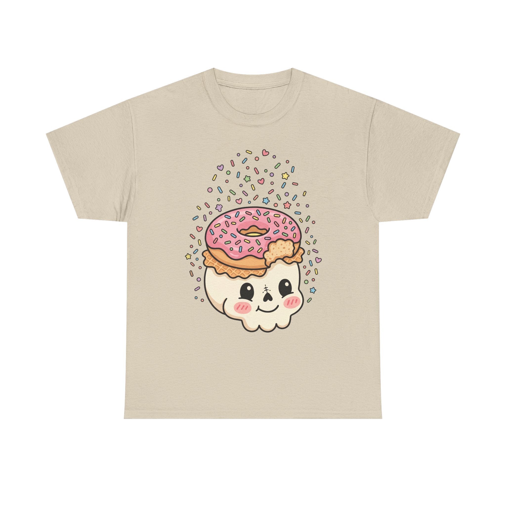 Natural/beige T-shirt with donut skull face graphic and colorful sprinkles